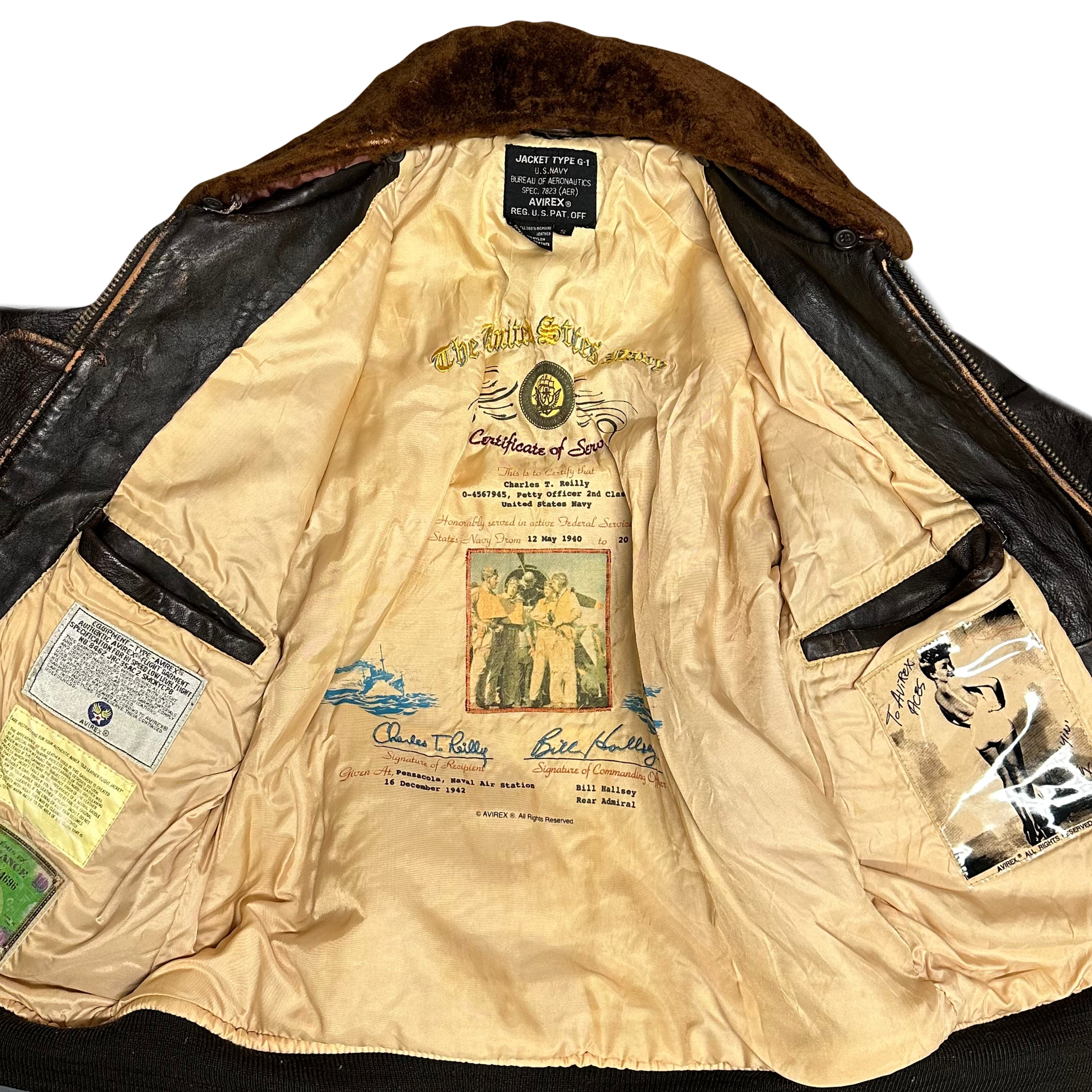 Avirex G-1 Leather Jacket In Brown With Removable Sherpa Collar ( S )