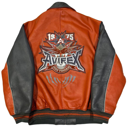 Avirex Ice Tigers Leather Jacket In Grey & Orange ( XL )