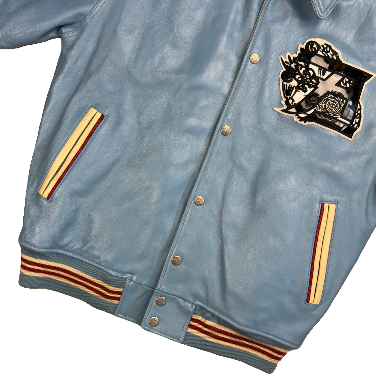 Avirex Dragons Leather Jacket In Blue & Beige (L)