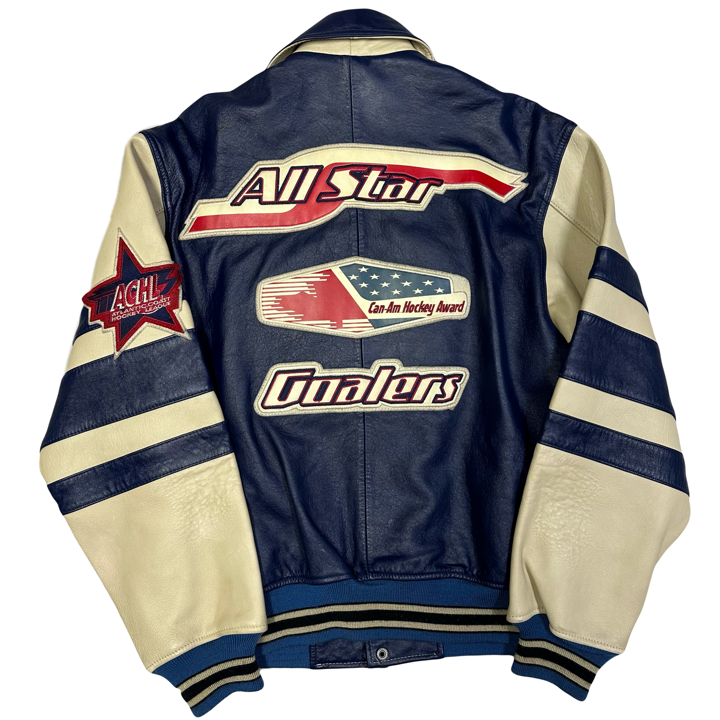 Avirex Goalers Leather Jacket In Navy & Beige ( S )