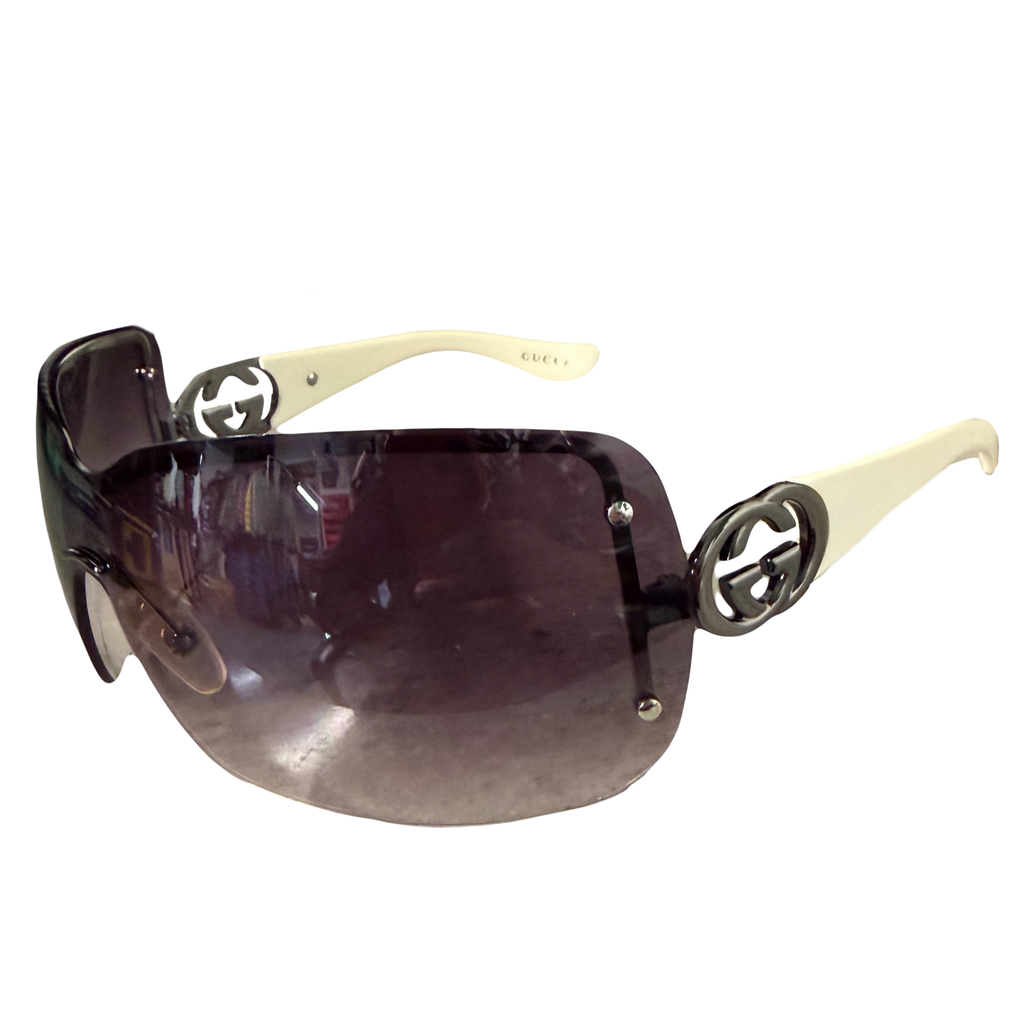 Gucci Wrap Around Sunglasses In White & Purple