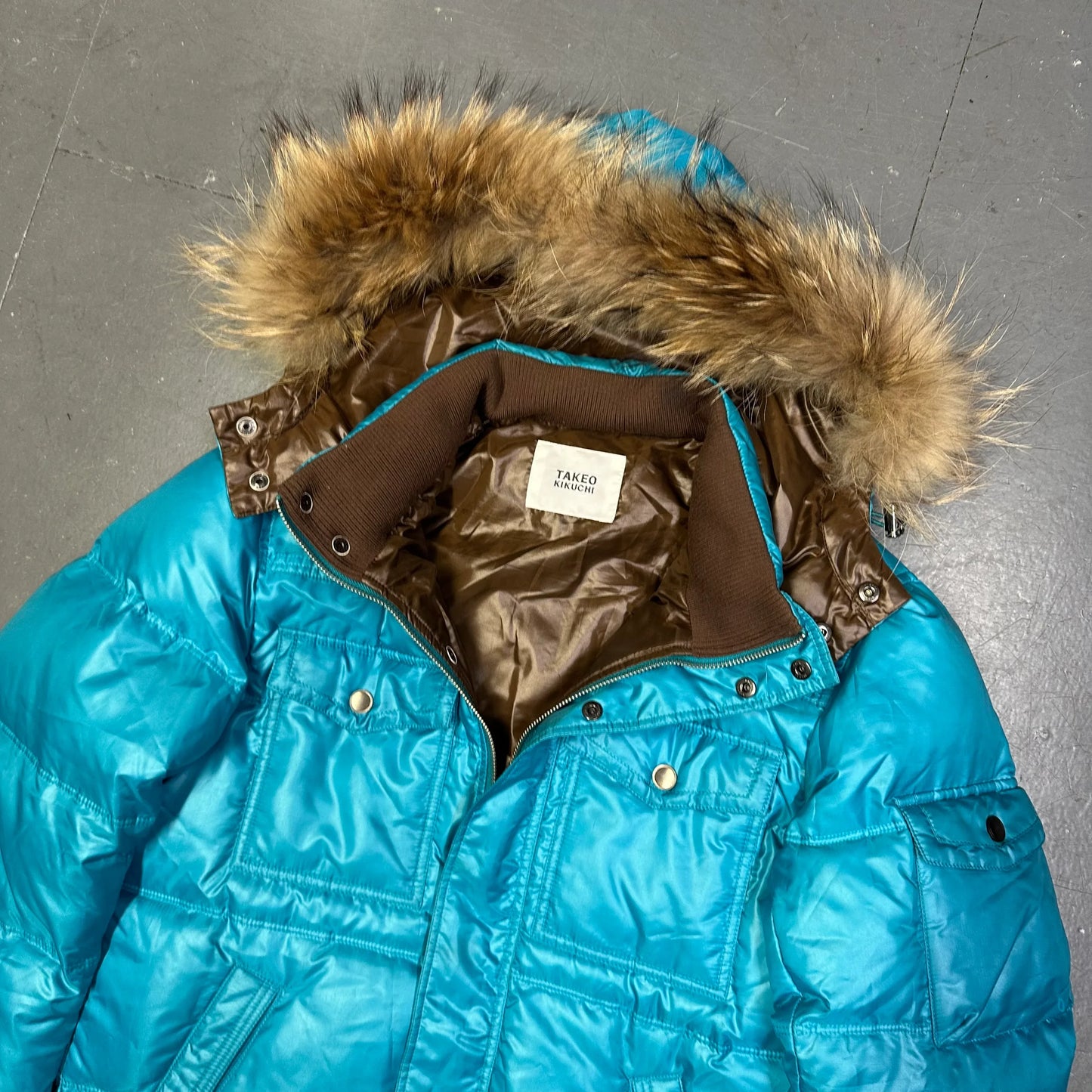 Takeo Kikuchi Puffer Jacket With Fur Hood In Blue (S)