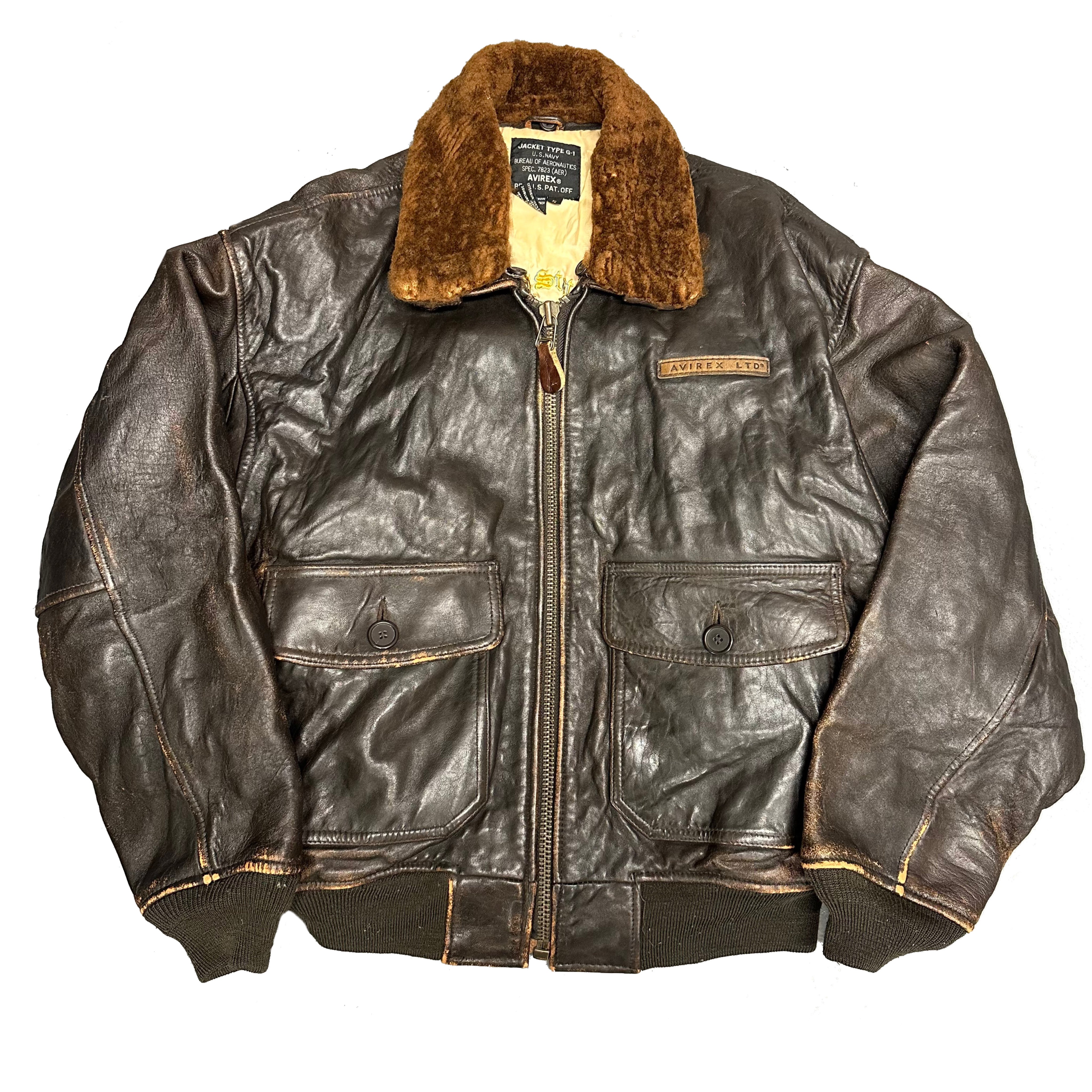 Avirex G-1 Leather Jacket In Brown With Removable Sherpa Collar ( S )
