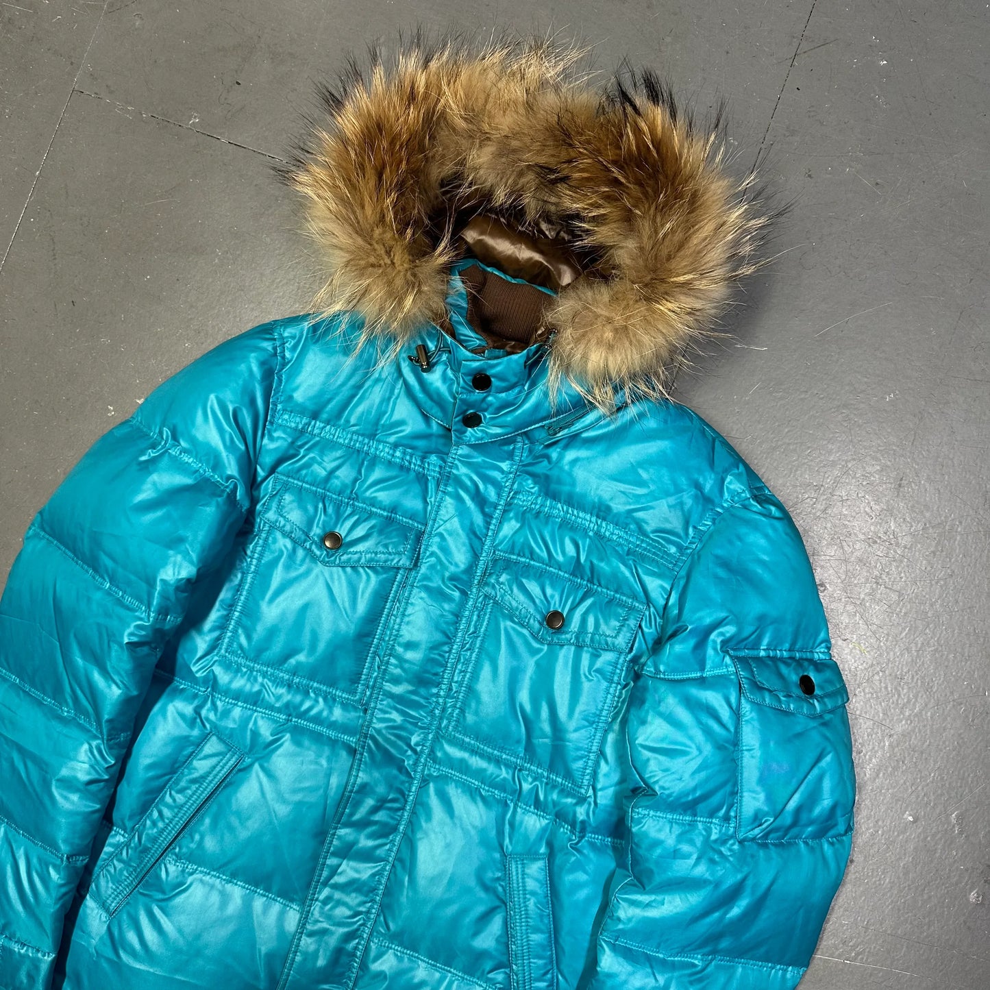 Takeo Kikuchi Puffer Jacket With Fur Hood In Blue (S)