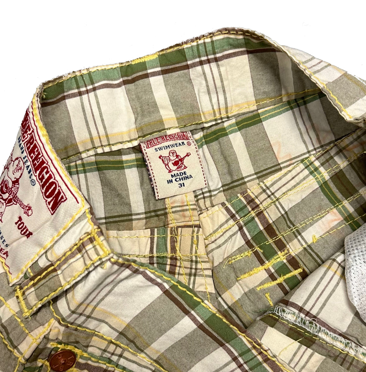 True Religion Tartan Shorts With Yellow Stitch ( W31 )