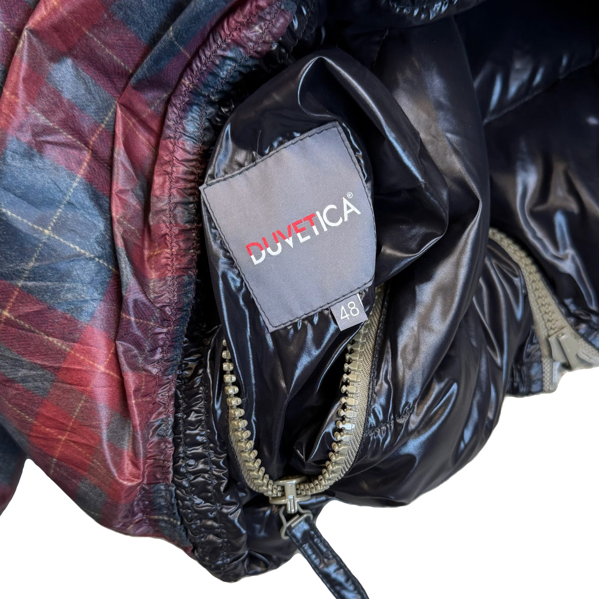 Duvetica Reversible Puffer Jacket In Plaid & Black (M)