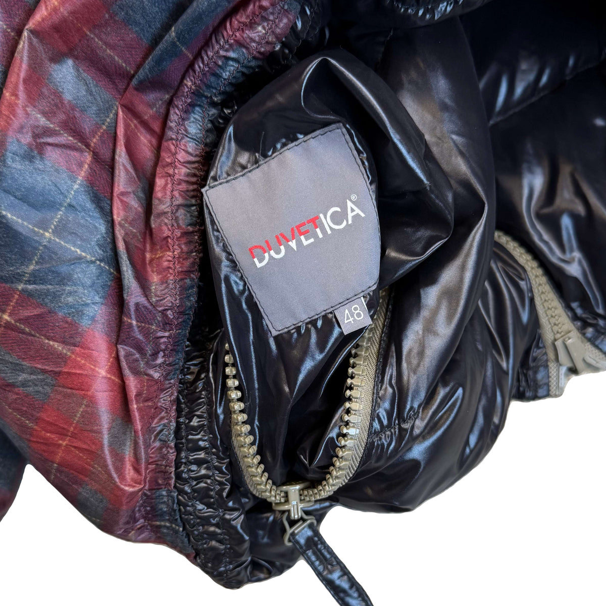 Duvetica Reversible Puffer Jacket In Plaid & Black (M)