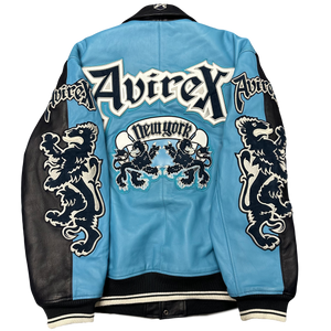 ARCHIVE Avirex New York Dragons Leather Jacket In Navy & Baby Blue ( XXL )