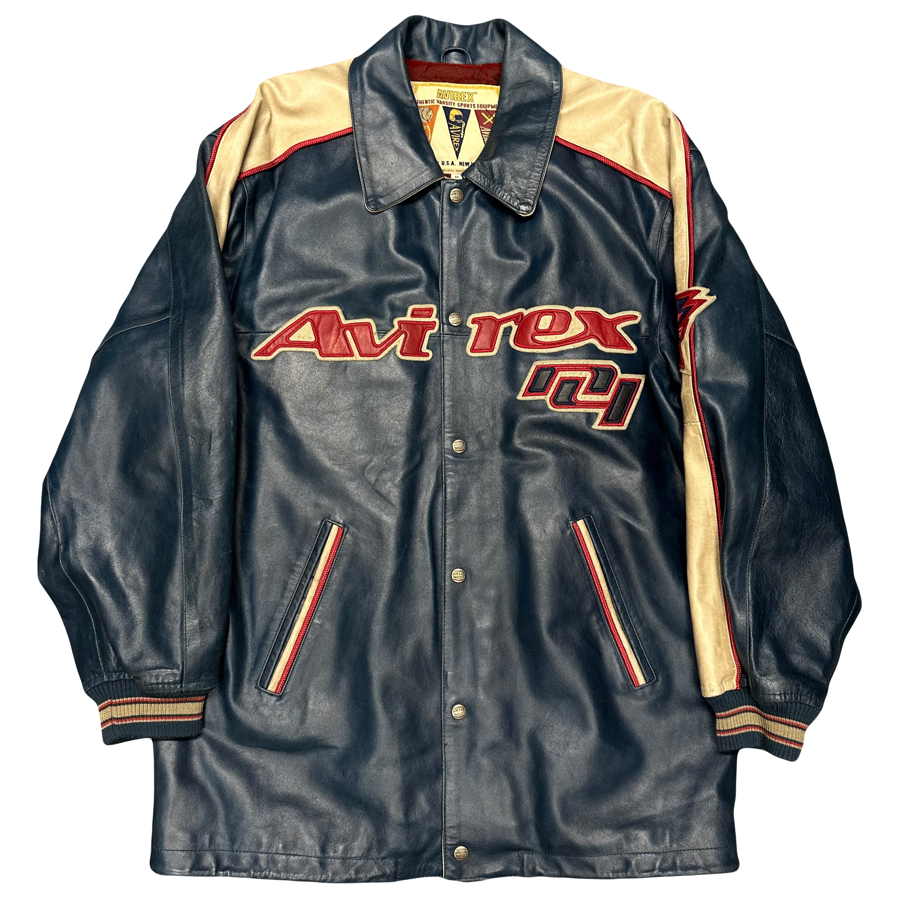 ARCHIVE Avirex ‘All Star Goalers’ Long Leather Jacket In Navy ( M )