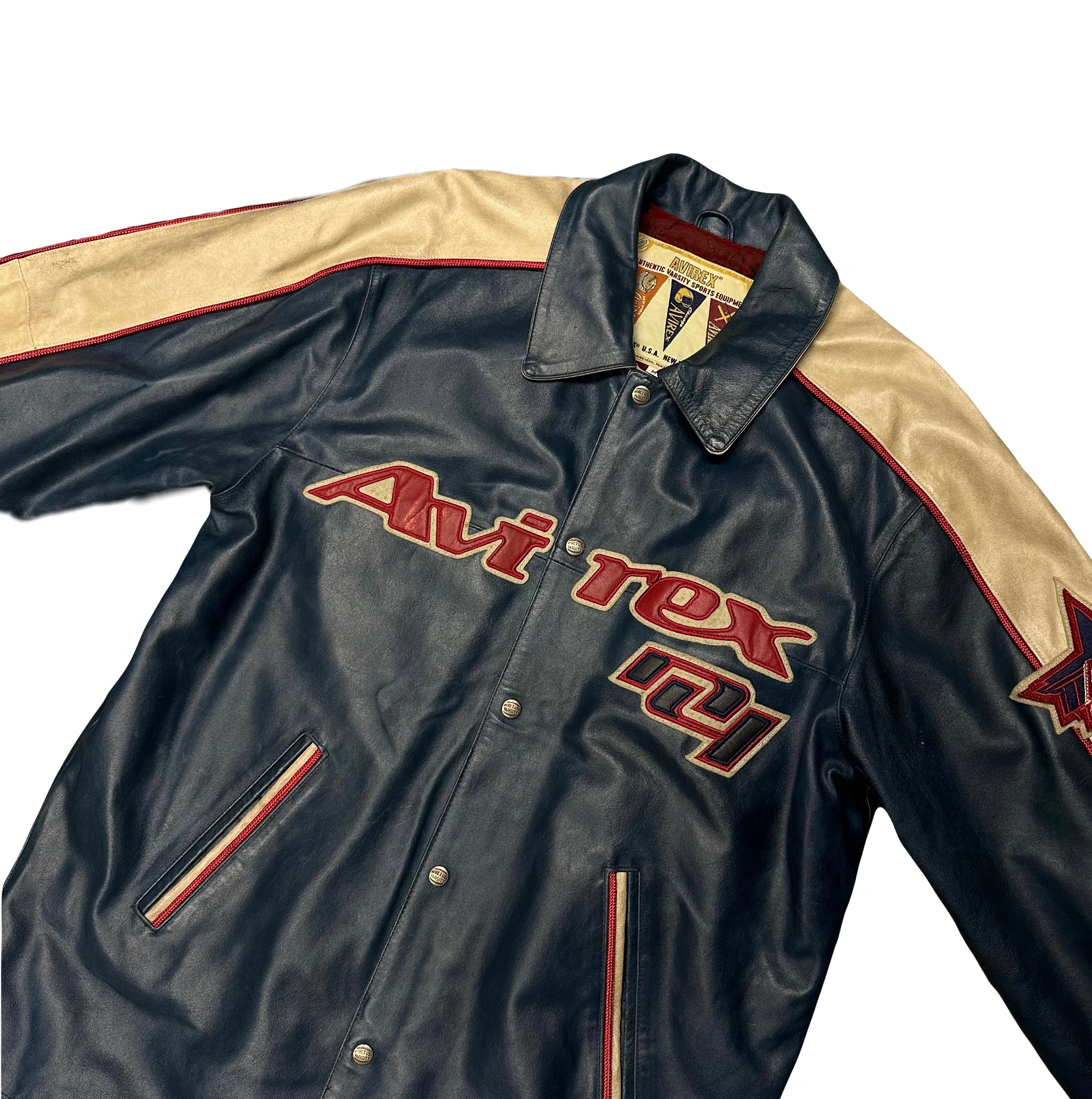 ARCHIVE Avirex ‘All Star Goalers’ Long Leather Jacket In Navy ( M )